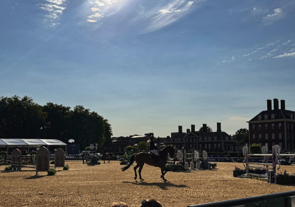 From the vantage point of our coffee kiosk, a skilled horse and rider demonstrate their impressive abilities at the Longines Global Championships 2024 event, captivating the audience with their performance amidst the vibrant event atmosphere.