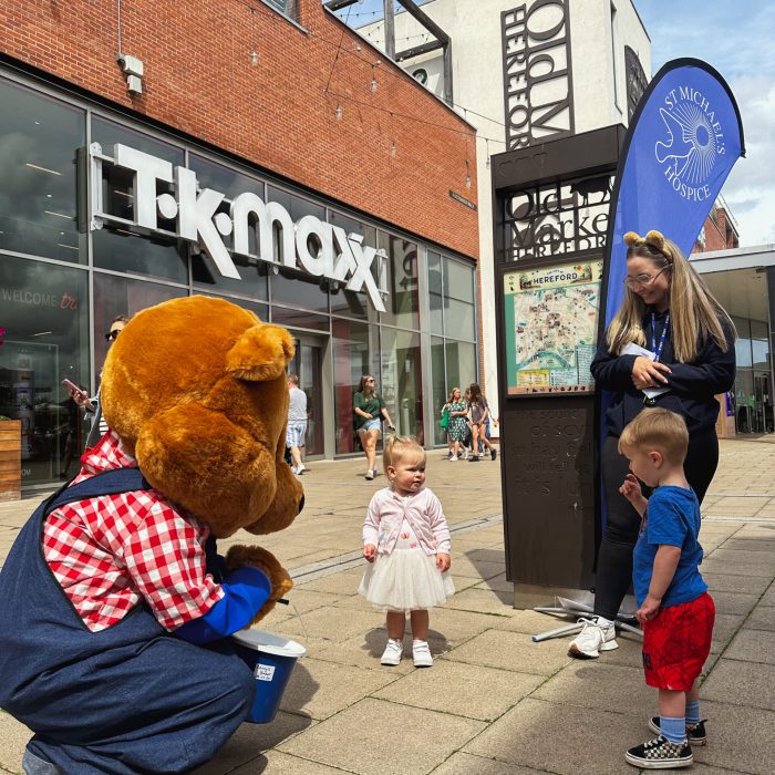 two children with benny the bear for the St Michaels Hospice trail 2024