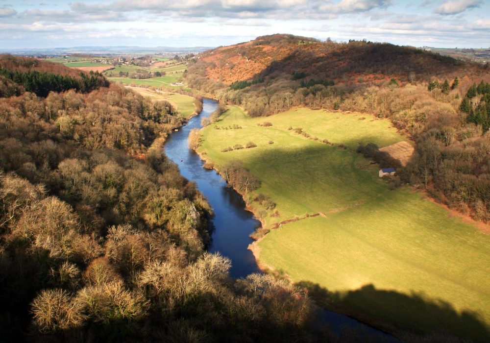 A sunny afternoon view overlooking the Wye Valley, with the landscape transitioning into autumn. Some of the trees have leaves turning orange, hinting at the season's change, while the valley remains lush and green under the clear sky, creating a serene and picturesque atmosphere.