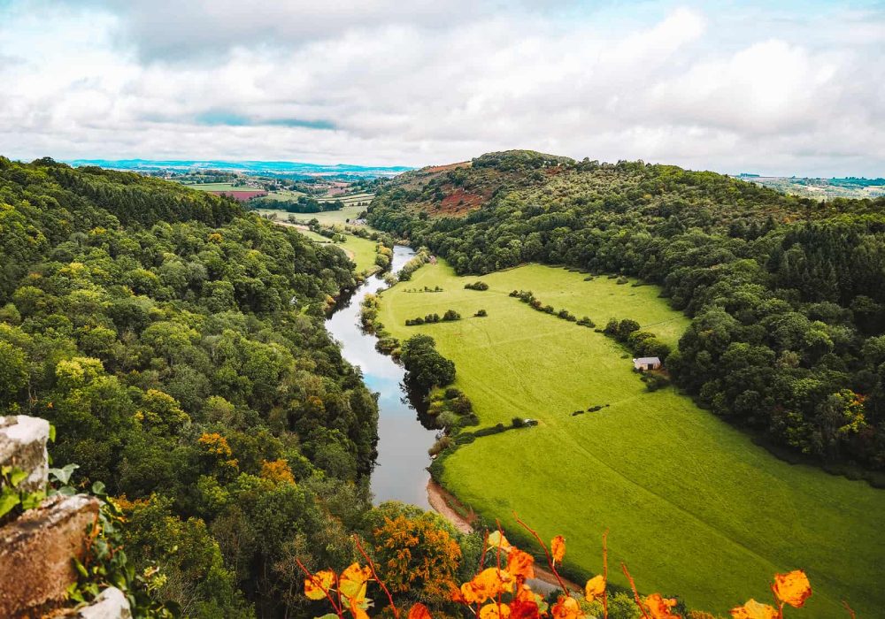 a crisp autumn morning at Symonds Yat Rock Cafe in the Heart of the wye valley looking over the river wye surrounded by orange leaves and trees.